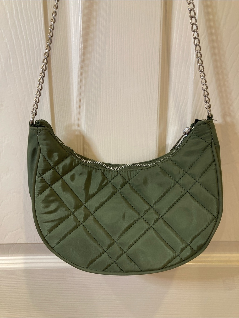 Forever 21 Quilted Crescent Shoulder Bag in Olive Green with Silver Chain